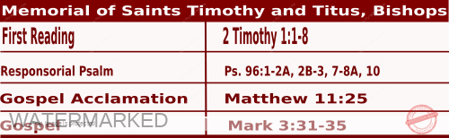 Mass Readings for January 26 2021, Memorial of Ss Timothy & Titus, Bps 1 Mass Readings January 26 2021, Memorial of Saints Timothy and Titus, Bishops.