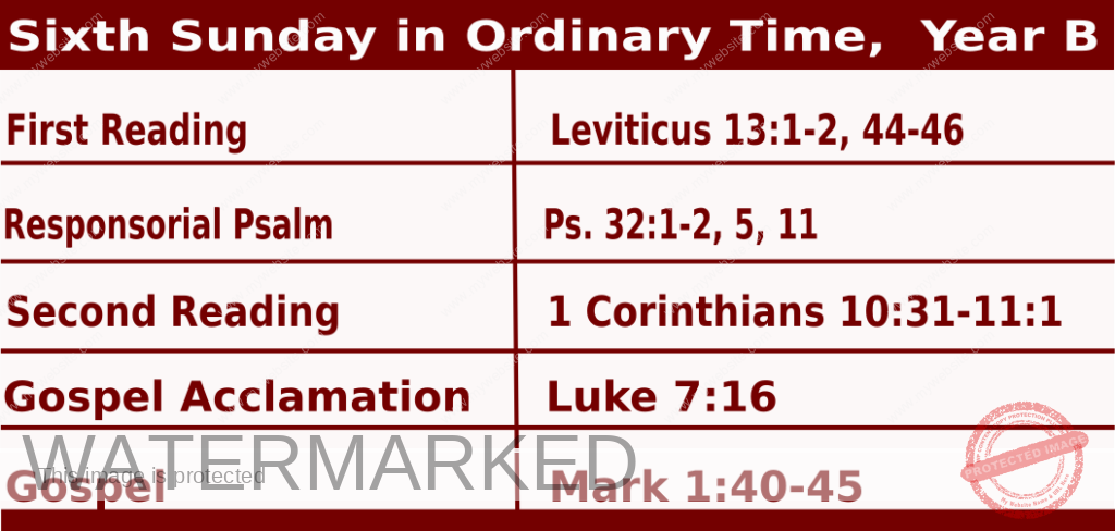 Mass Readings for February 11 2024, Sixth Sunday in Ordinary Time Year B.