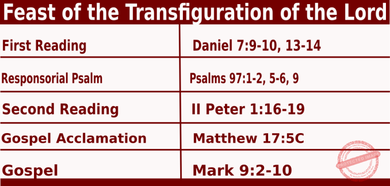 Catholic Mass Readings for August 6 2026, Feast of Transfiguration of the Lord