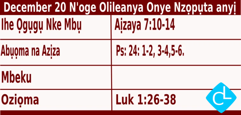 Igbo Mass Readings for December 20 2025, Satọde